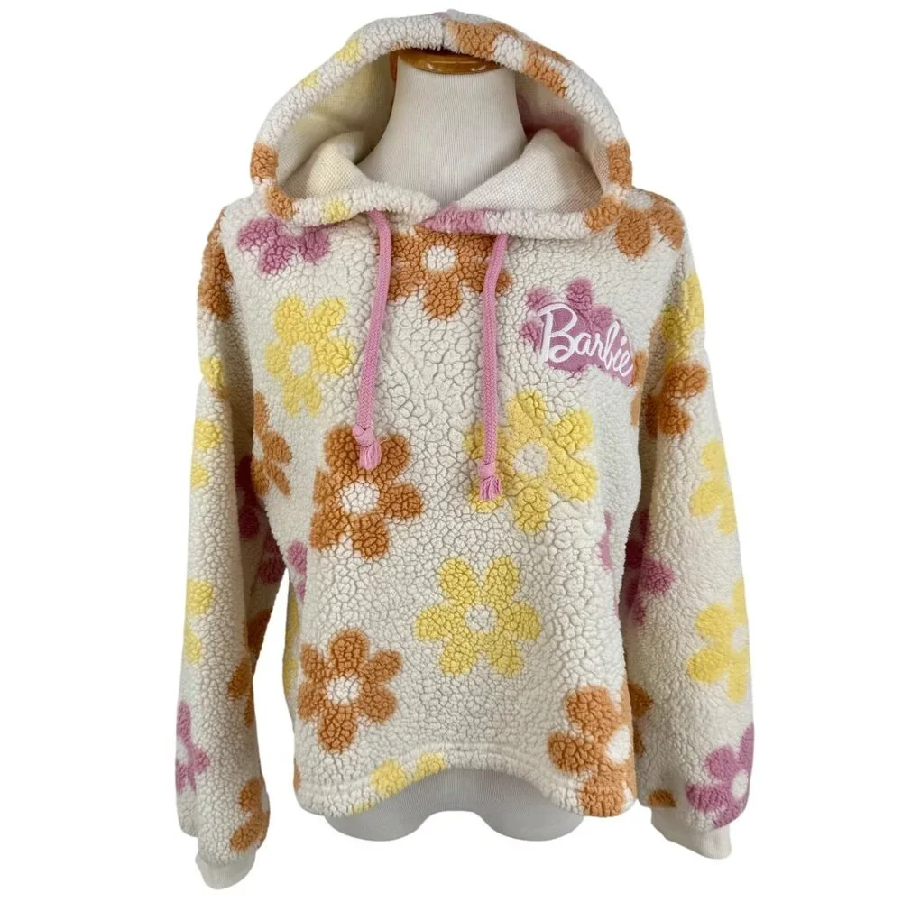 Barbie Flower Faux Sherpa Pullover Floral Hoodie Coat | Barbiecore Girlhoodcore - Picture 3 of 16